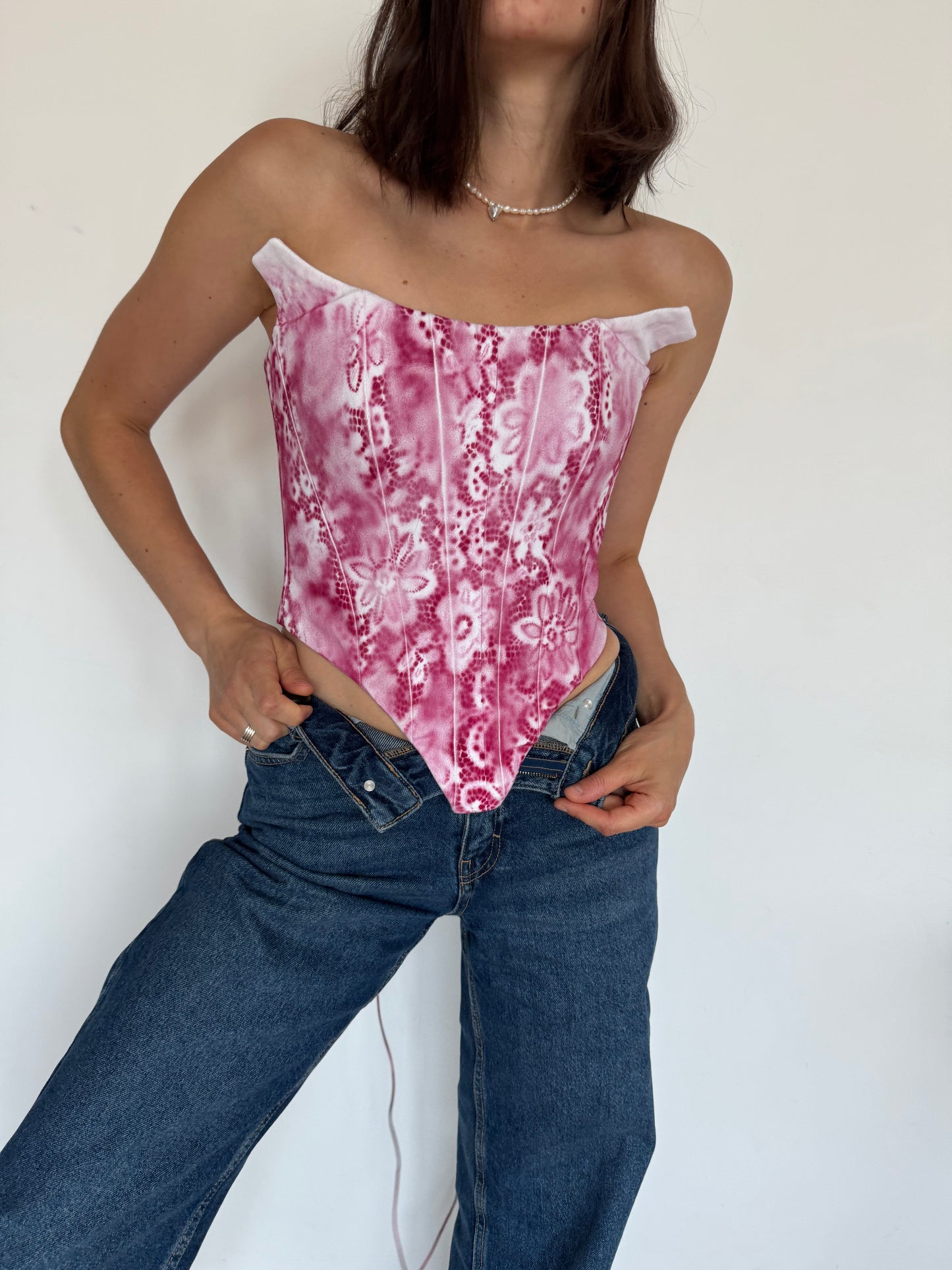 Pink Floral Denim Corset