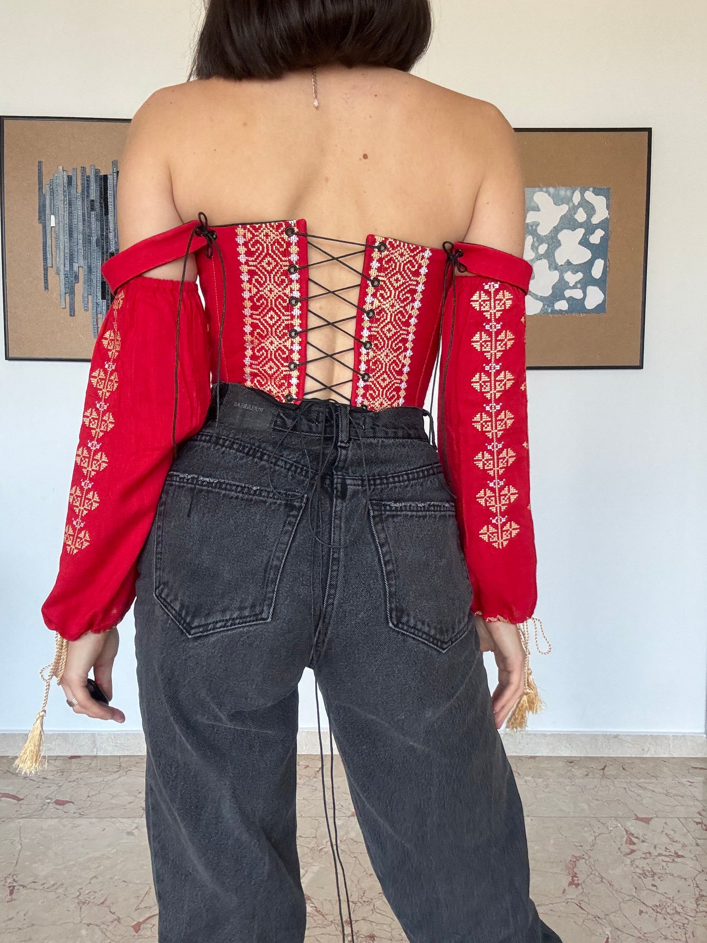 Romanian Folk Corset with geometric motifs and sleeves